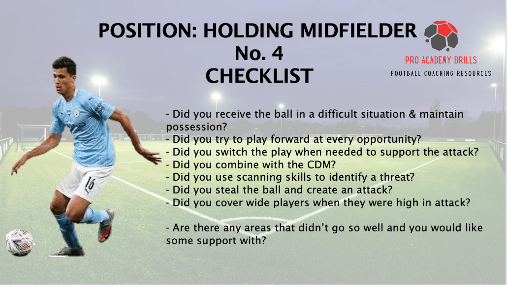 Holding midfielder (No. 4) checklist by Pro Academy Drills. Features key self-assessment questions focusing on ball retention, playing forward, switching play, combining with teammates, scanning for threats, and covering wide players in attack. Includes an action image of a player in a defensive midfield role with a football field background.