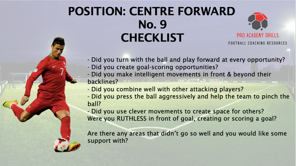 Centre forward (No. 9) checklist by Pro Academy Drills. Self-assessment prompts include turning with the ball, creating goal-scoring opportunities, making intelligent movements, pressing aggressively, combining with teammates, and showing ruthlessness in front of goal. Features an action image of a striker with a football pitch background.